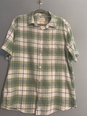 Original Weatherproof Vintage Washable Linen Green Plaid Short-Sleeve Shirt Sz L